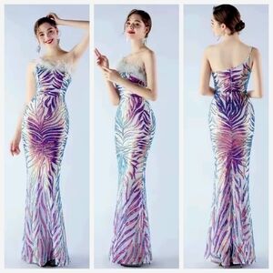 Blue and White Sequin Embellished Sleeveless Gown